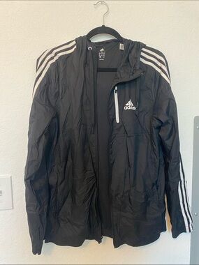 Adidas Black Hooded Windbreaker with White Three-Stripes